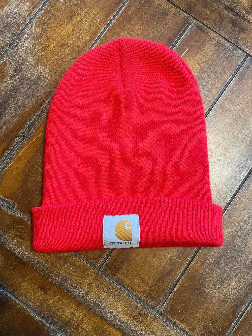Carhartt Bright Red Cuffed Knit Beanie with Gold Logo